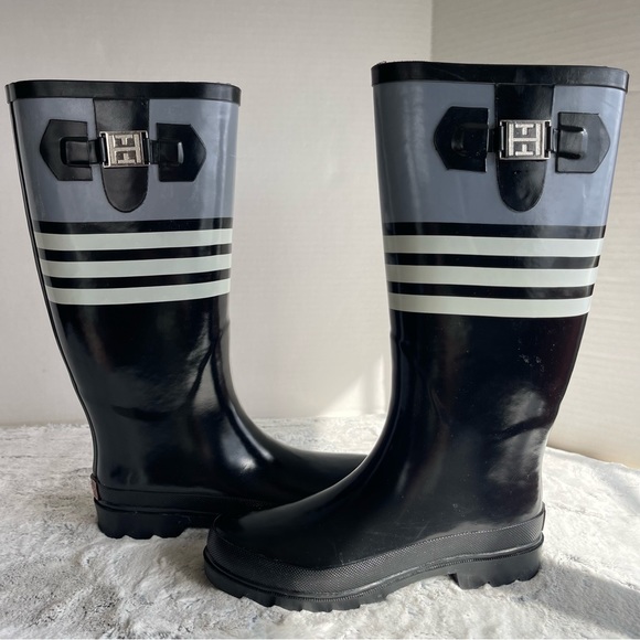 Tommy Hilfiger Black Rubber Rain Boots Women size 6M - Picture 3 of 16
